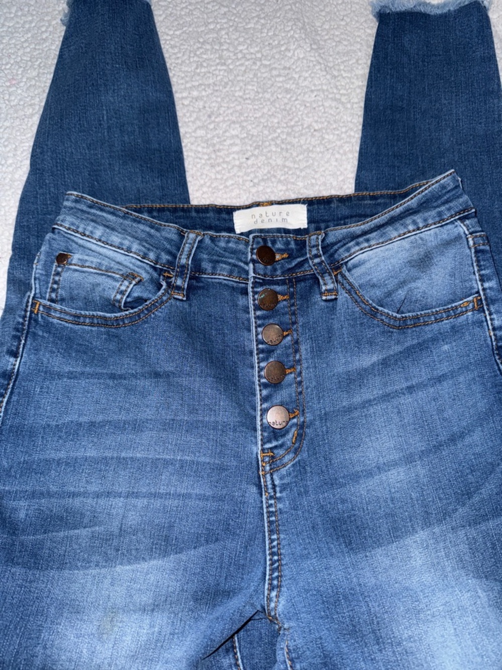 Nature Denim Button Fly Skinny Jeans Womens 5/26 (26x25) Raw Hem